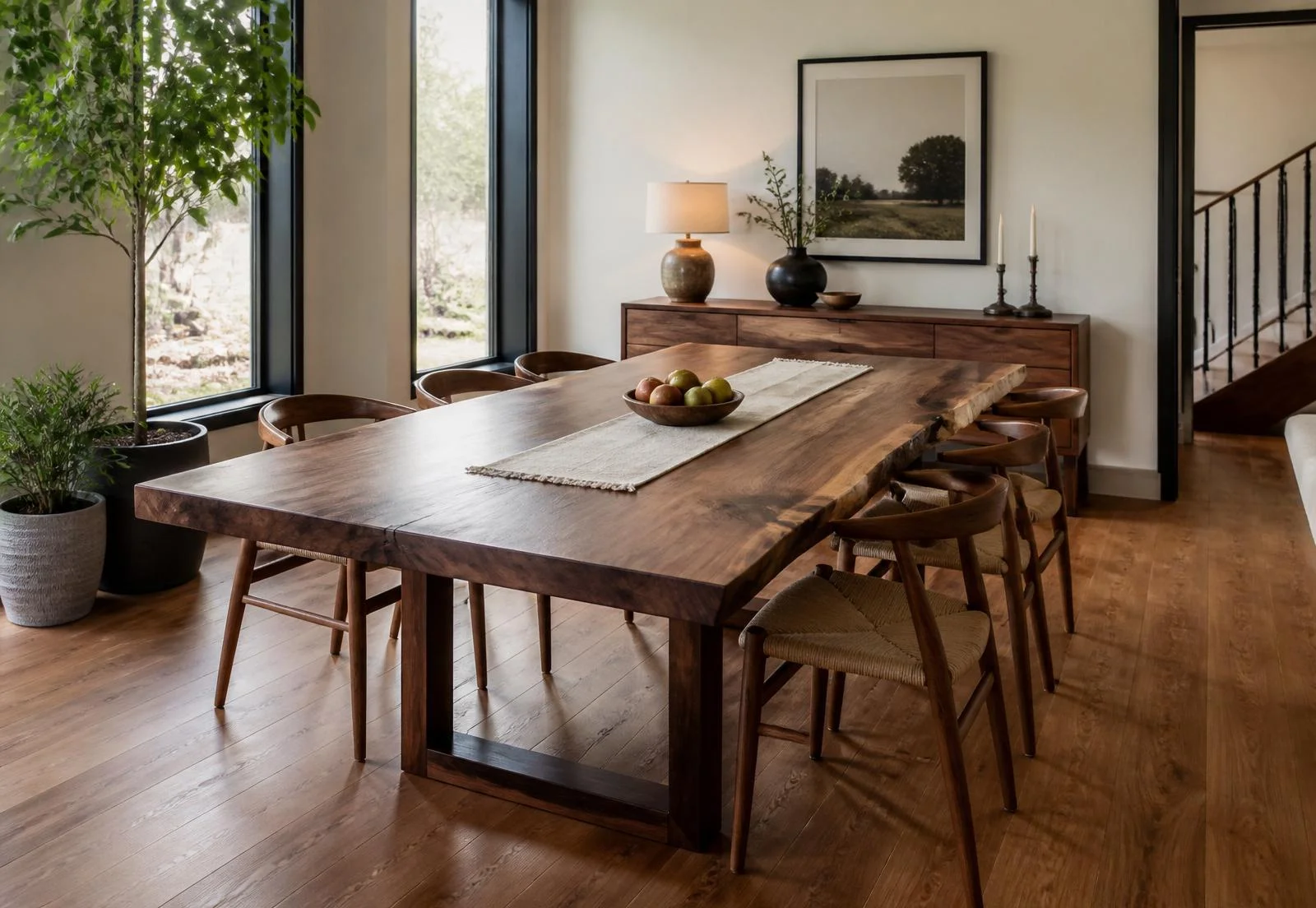 Hand finishing a live edge walnut dining table in the workshop