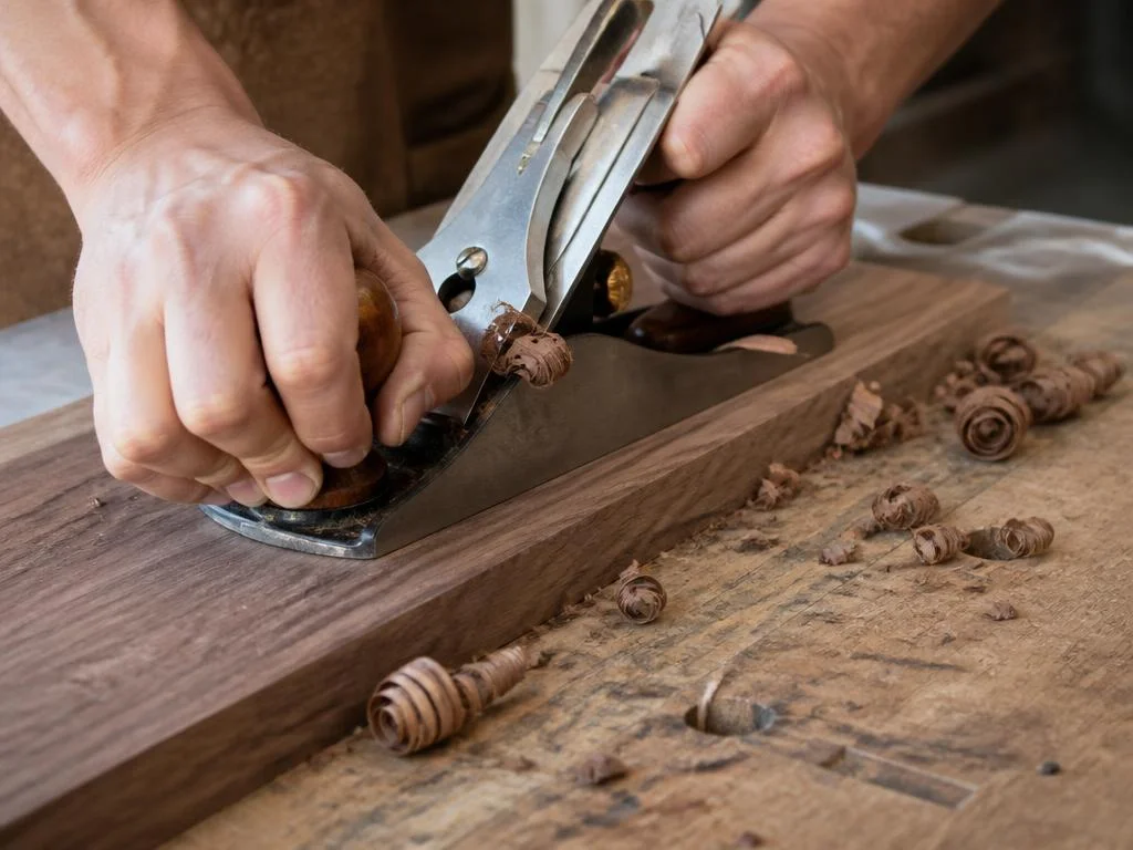 Hands using a hand plane on a walnut board with shavings on the bench