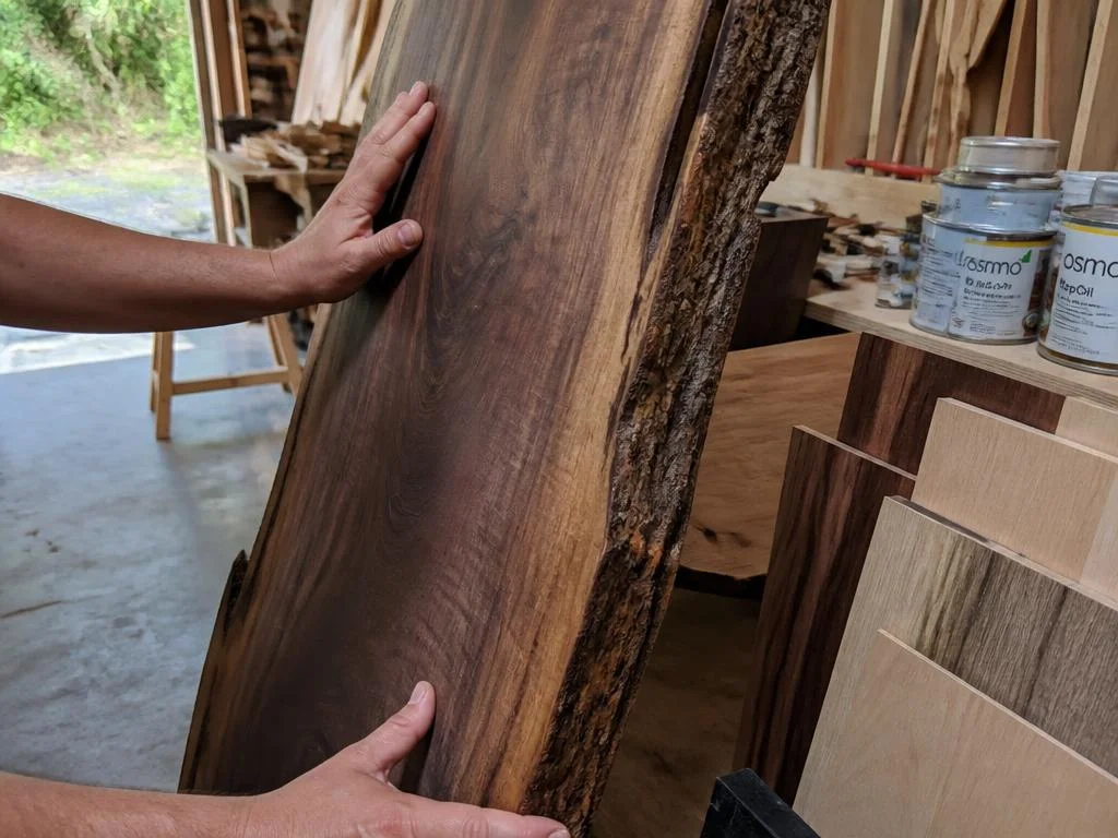 Hands inspecting a live edge walnut slab beside finish cans and wood samples