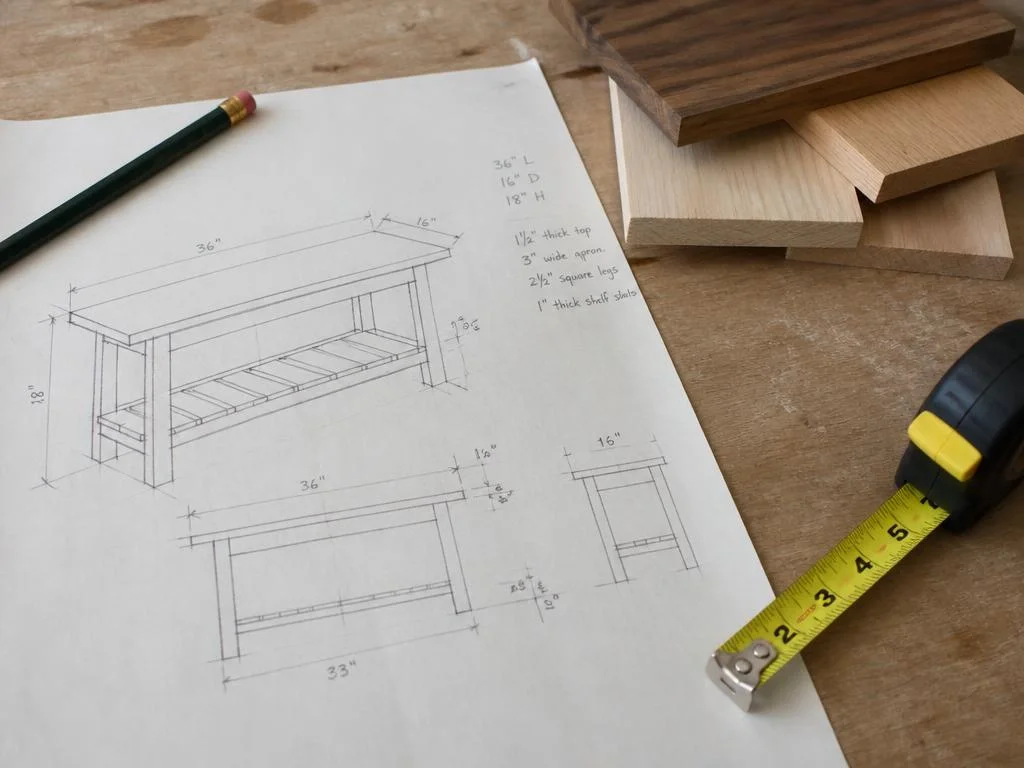 Furniture sketches, measurements and wood samples on a workbench